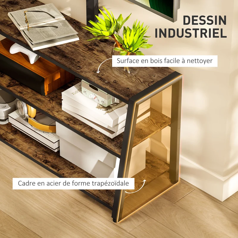 Meuble télévision 108 x 41 x 135 cm support pivotant 35° trois étagères style industriel en panneau de particules marron 21_0003484