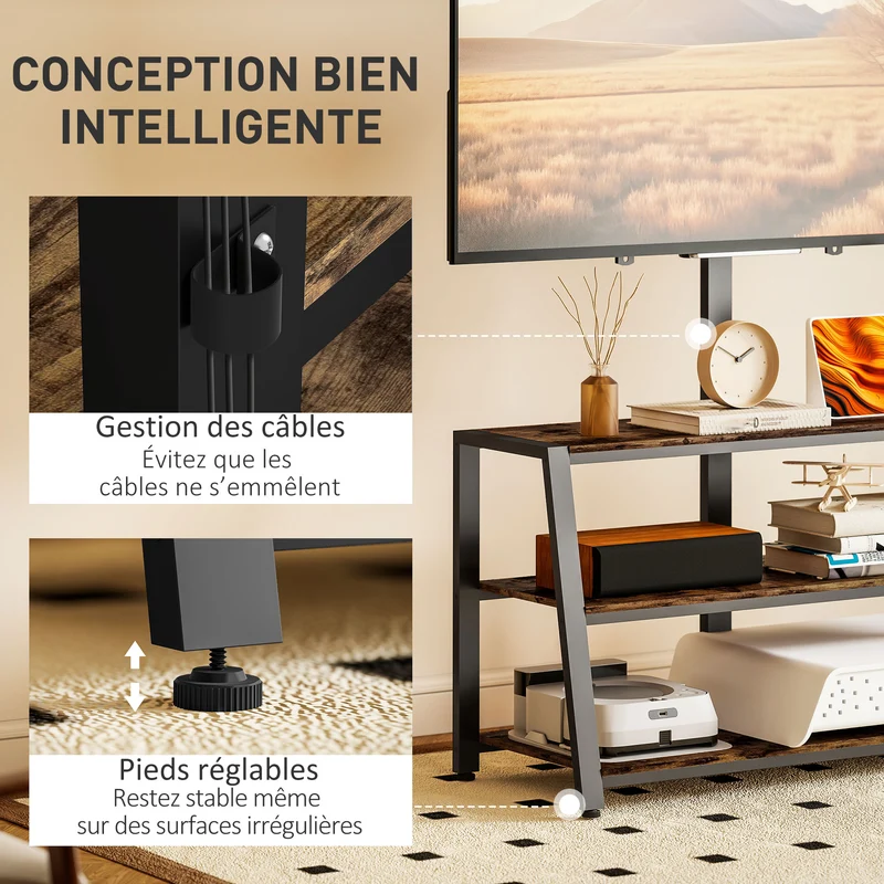 Meuble télévision 108 x 41 x 135 cm support pivotant 35° trois étagères style industriel en panneau de particules marron 21_0003484