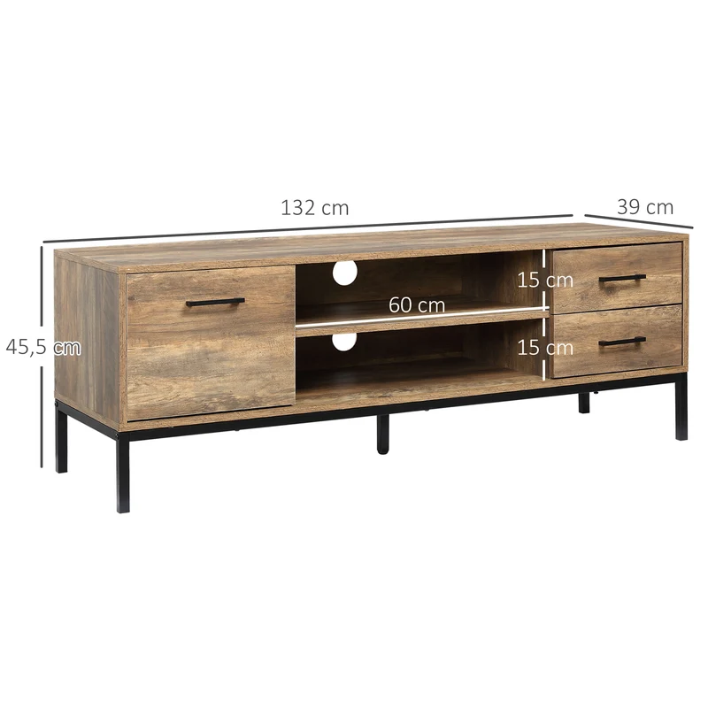 Meuble télé pour salon 132 x 39 x 45,5 cm rangement passe câbles industriel minimaliste en panneau de particules marron 21_0003056