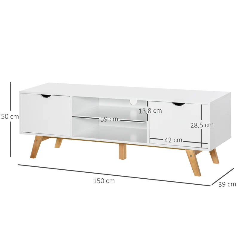 Meuble tv bas salon 150 x 39 x 50 cm 2 portes 2 niches passe fils scandinave épuré pratique solide stable en MDF blanc 21_0001760