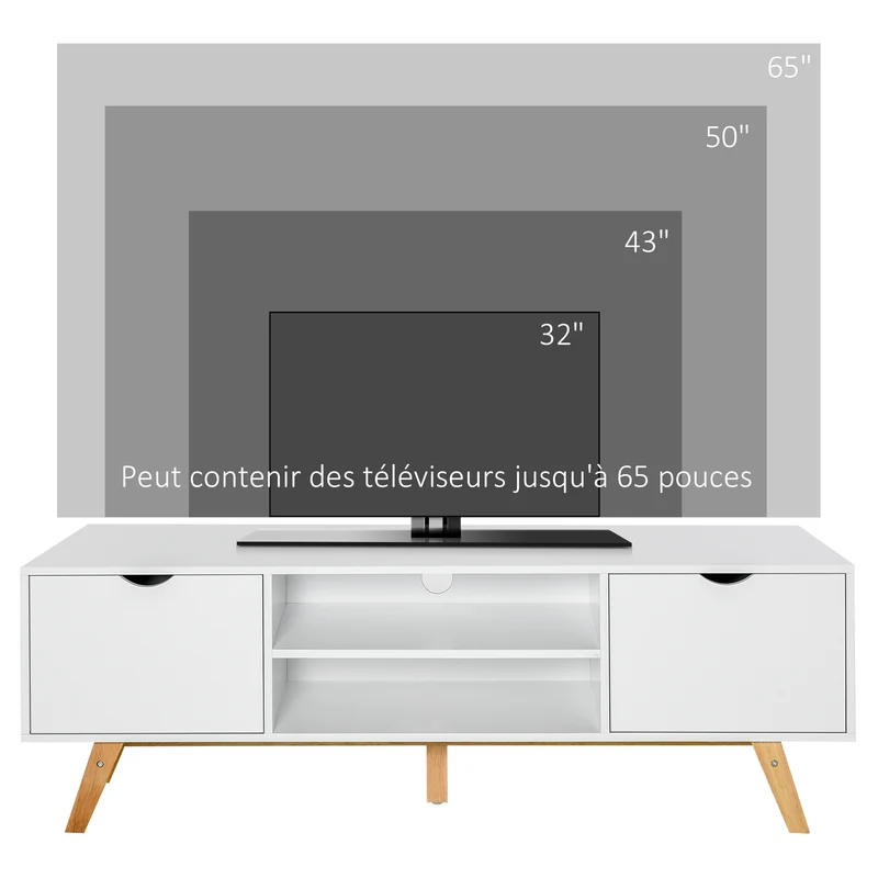 Meuble tv bas salon 150 x 39 x 50 cm 2 portes 2 niches passe fils scandinave épuré pratique solide stable en MDF blanc 21_0001760