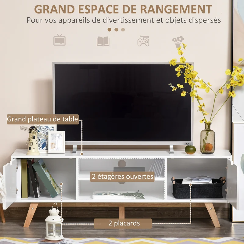 Meuble tv bas salon 150 x 39 x 50 cm 2 portes 2 niches passe fils scandinave épuré pratique solide stable en MDF blanc 21_0001760