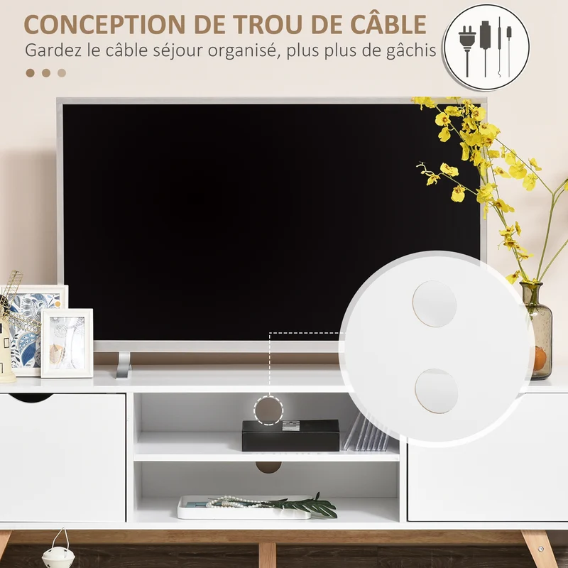Meuble tv bas salon 150 x 39 x 50 cm 2 portes 2 niches passe fils scandinave épuré pratique solide stable en MDF blanc 21_0001760