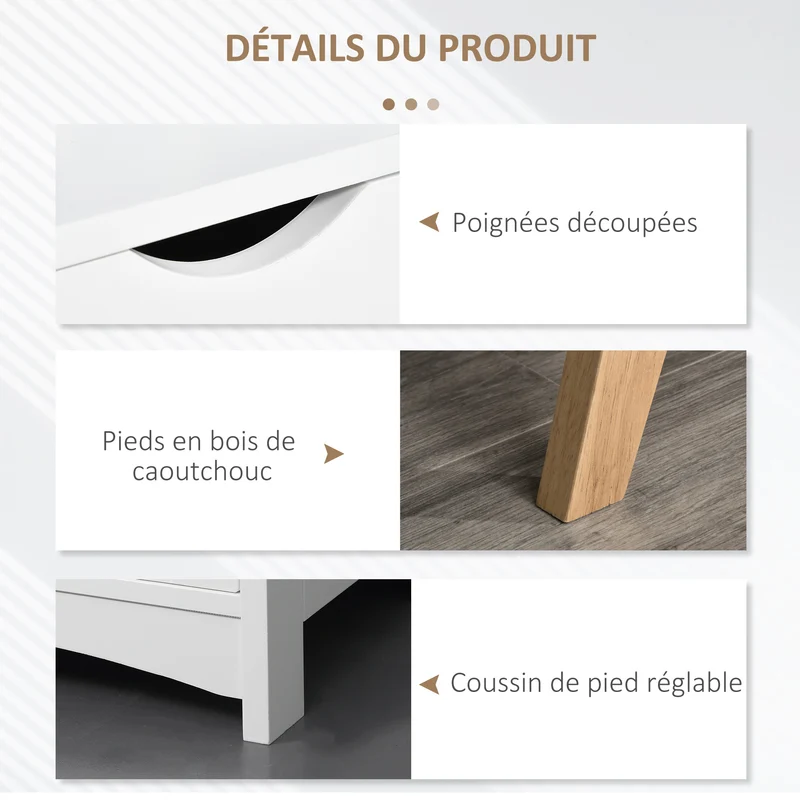 Meuble tv bas salon 150 x 39 x 50 cm 2 portes 2 niches passe fils scandinave épuré pratique solide stable en MDF blanc 21_0001760