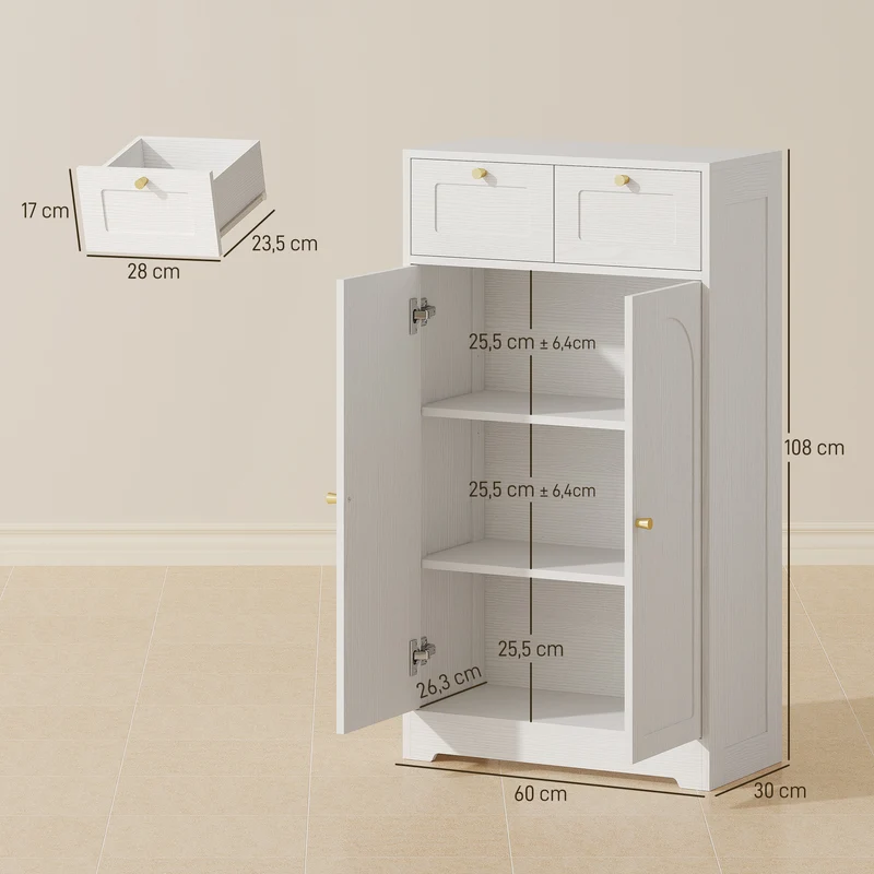 Meuble de salle de bain armoire 60 x 30 x 108 cm 2 tiroirs étagère réglable classique en panneau de particules blanc 21_0002085