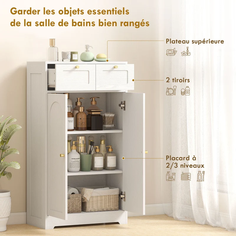 Meuble de salle de bain armoire 60 x 30 x 108 cm 2 tiroirs étagère réglable classique en panneau de particules blanc 21_0002085