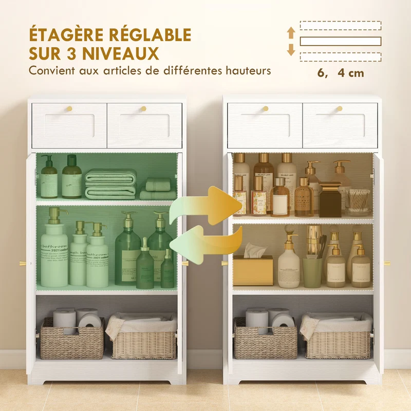 Meuble de salle de bain armoire 60 x 30 x 108 cm 2 tiroirs étagère réglable classique en panneau de particules blanc 21_0002085