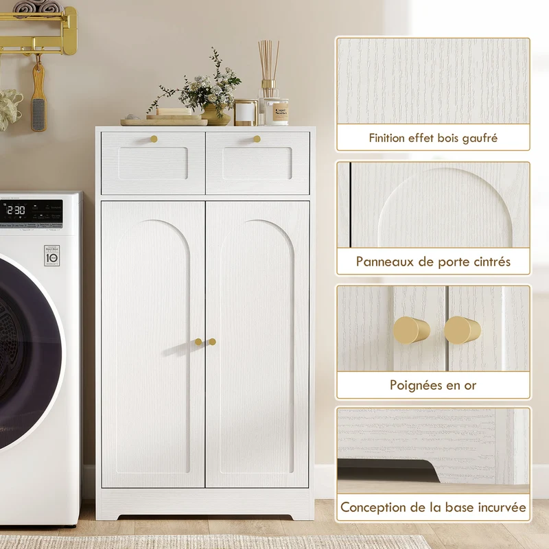 Meuble de salle de bain armoire 60 x 30 x 108 cm 2 tiroirs étagère réglable classique en panneau de particules blanc 21_0002085