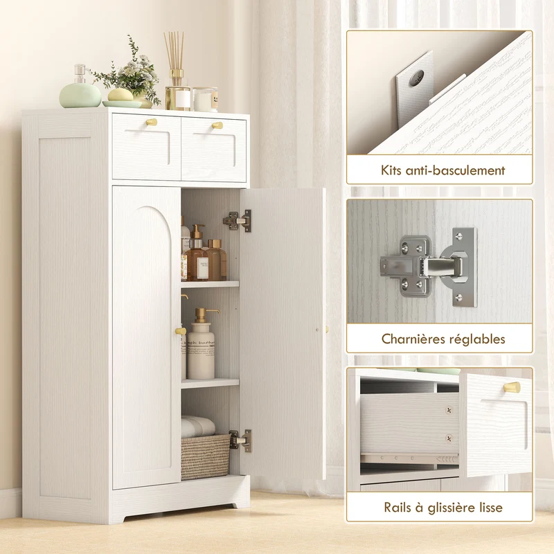 Meuble de salle de bain armoire 60 x 30 x 108 cm 2 tiroirs étagère réglable classique en panneau de particules blanc 21_0002085