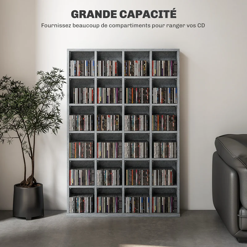 Meuble de rangement cd dvd salon 89 x 20 x 130,5 cm étagères réglables capacité design en panneaux de particules gris 21_0001400