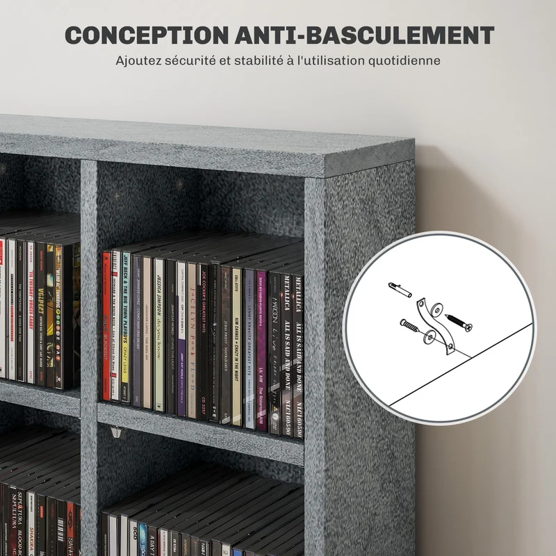 Meuble de rangement cd dvd salon 89 x 20 x 130,5 cm étagères réglables capacité design en panneaux de particules gris 21_0001400