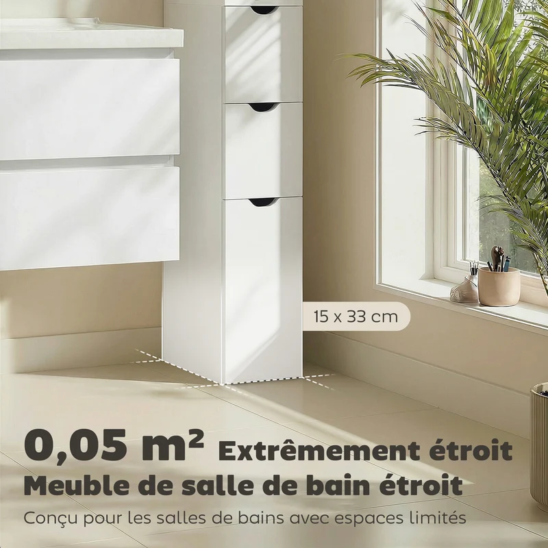 Meuble colonne salle de bain 15 x 33 x 136.8 cm élancé avec tiroirs et étagères sécurisé fini mat moderne en MDF blanc 21_0001849