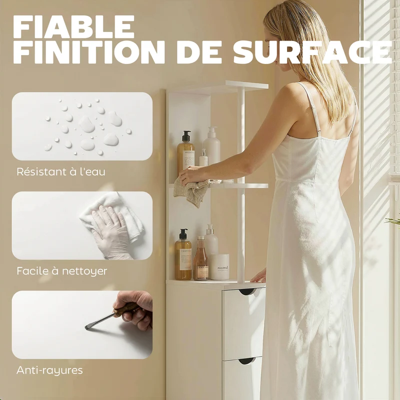 Meuble colonne salle de bain 15 x 33 x 136.8 cm élancé avec tiroirs et étagères sécurisé fini mat moderne en MDF blanc 21_0001849