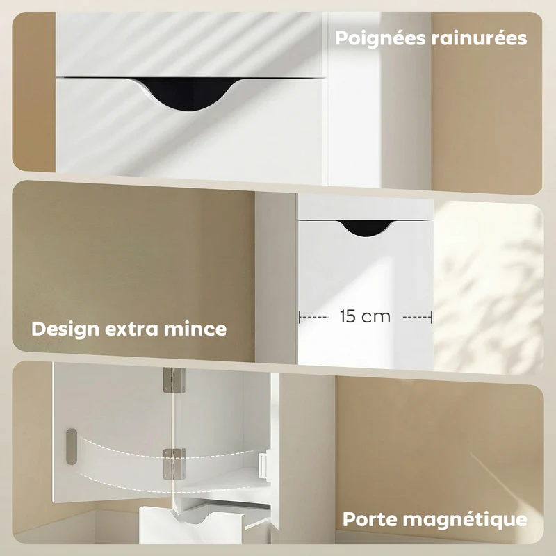 Meuble colonne salle de bain 15 x 33 x 136.8 cm élancé avec tiroirs et étagères sécurisé fini mat moderne en MDF blanc 21_0001849