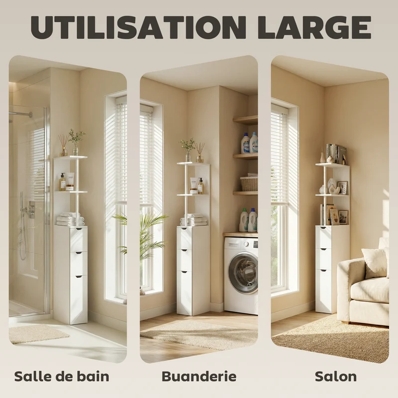 Meuble colonne salle de bain 15 x 33 x 136.8 cm élancé avec tiroirs et étagères sécurisé fini mat moderne en MDF blanc 21_0001849