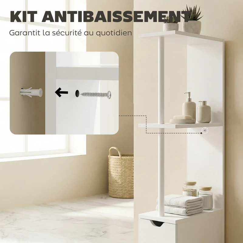 Meuble colonne salle de bain 15 x 33 x 136.8 cm élancé avec tiroirs et étagères sécurisé fini mat moderne en MDF blanc 21_0001849