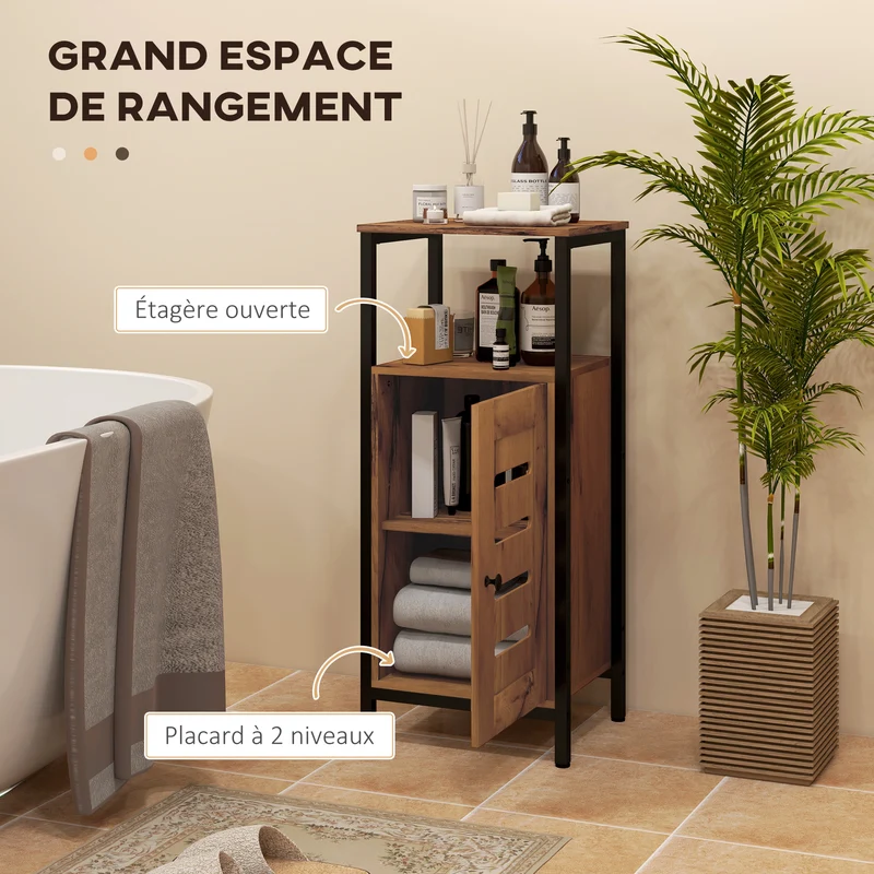 Meuble bas de salle de bain 37 x 30 x 85 cm rangement pratique porte à lamelles rustique contemporain en bois marron 21_0001965