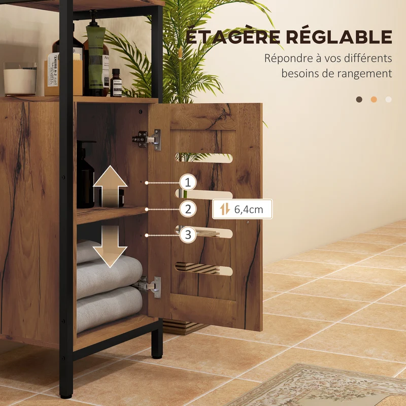 Meuble bas de salle de bain 37 x 30 x 85 cm rangement pratique porte à lamelles rustique contemporain en bois marron 21_0001965