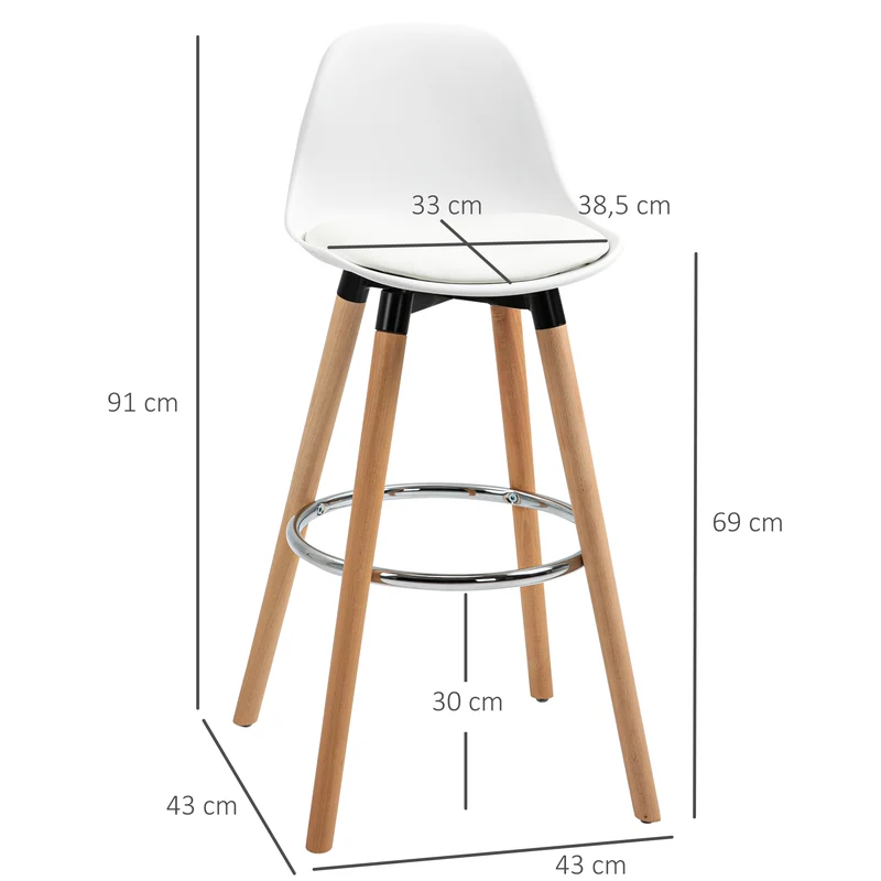 Lot de 2 tabourets de bar assise rembourrée 43 x 43 x 91 cm repose-pieds antidérapants ergonomique moderne en PU blanc 21_0002262