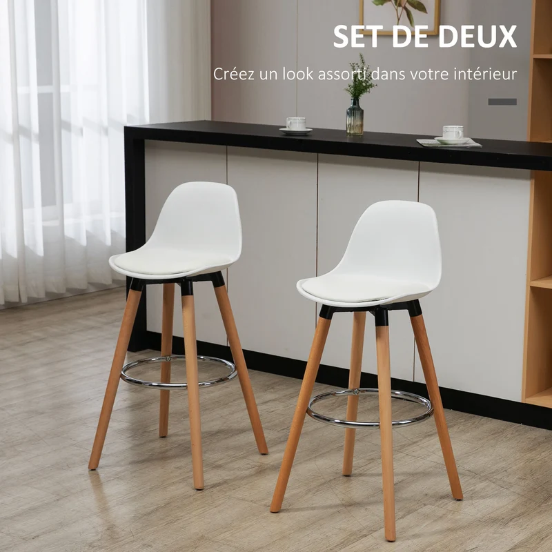 Lot de 2 tabourets de bar assise rembourrée 43 x 43 x 91 cm repose-pieds antidérapants ergonomique moderne en PU blanc 21_0002262
