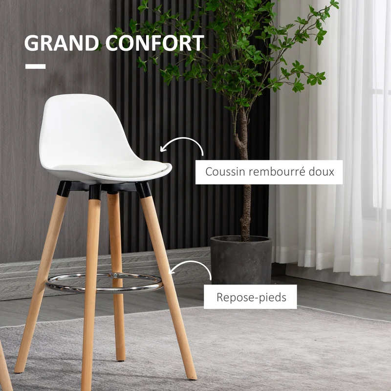 Lot de 2 tabourets de bar assise rembourrée 43 x 43 x 91 cm repose-pieds antidérapants ergonomique moderne en PU blanc 21_0002262
