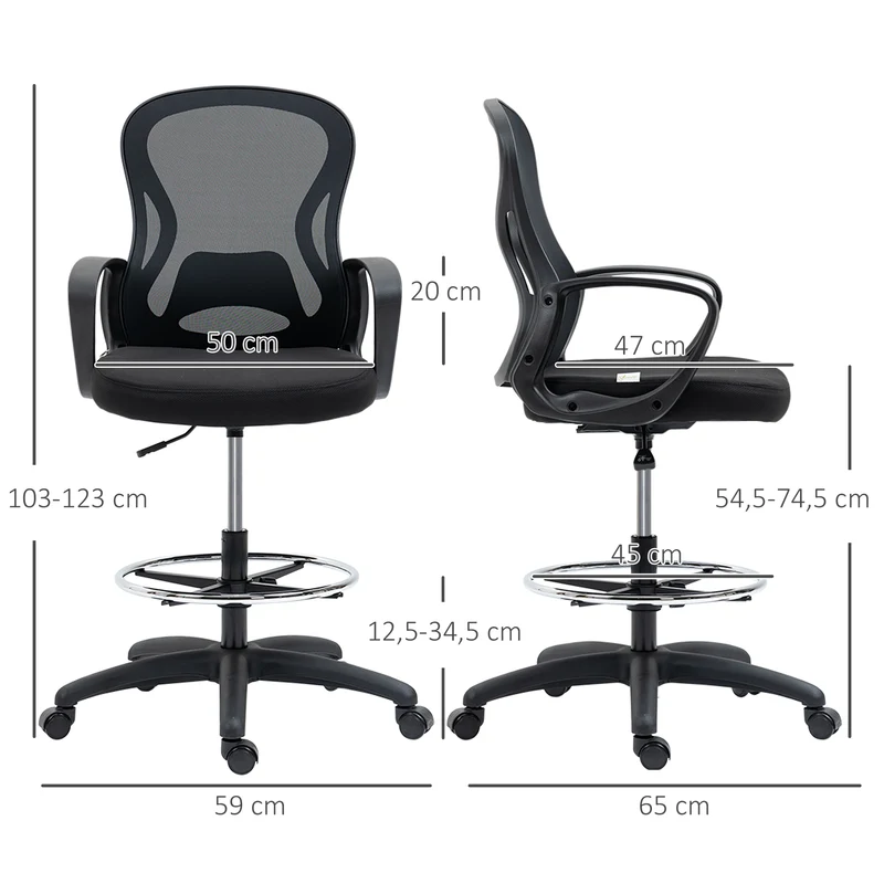 Lot de 2 fauteuils de bureau assise haute réglable 59 x 65 x 103-123 cm pivotant 360° cosy contemporain en maille noir 21_0006345