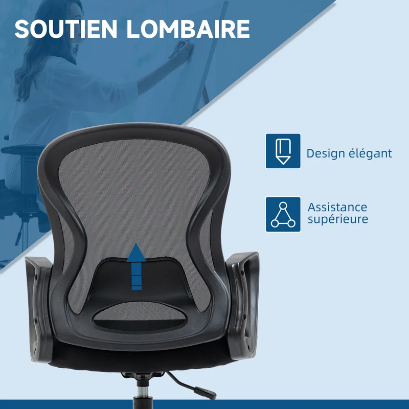 Lot de 2 fauteuils de bureau assise haute réglable 59 x 65 x 103-123 cm pivotant 360° cosy contemporain en maille noir 21_0006345