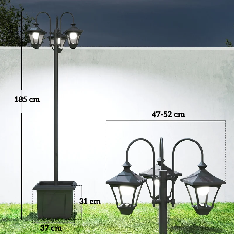 Lampadaire extérieur sur pied 52 x 52 x 185 cm solaire jardinière et capteur crépuscule épuré en acier inoxydable noir 21_0006999