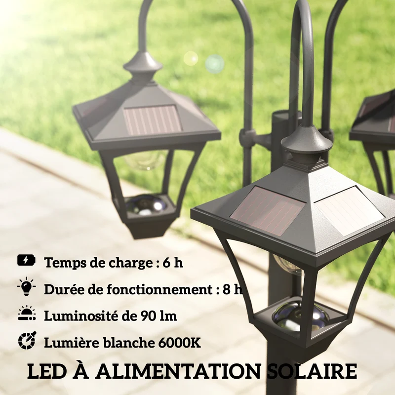 Lampadaire extérieur sur pied 52 x 52 x 185 cm solaire jardinière et capteur crépuscule épuré en acier inoxydable noir 21_0006999