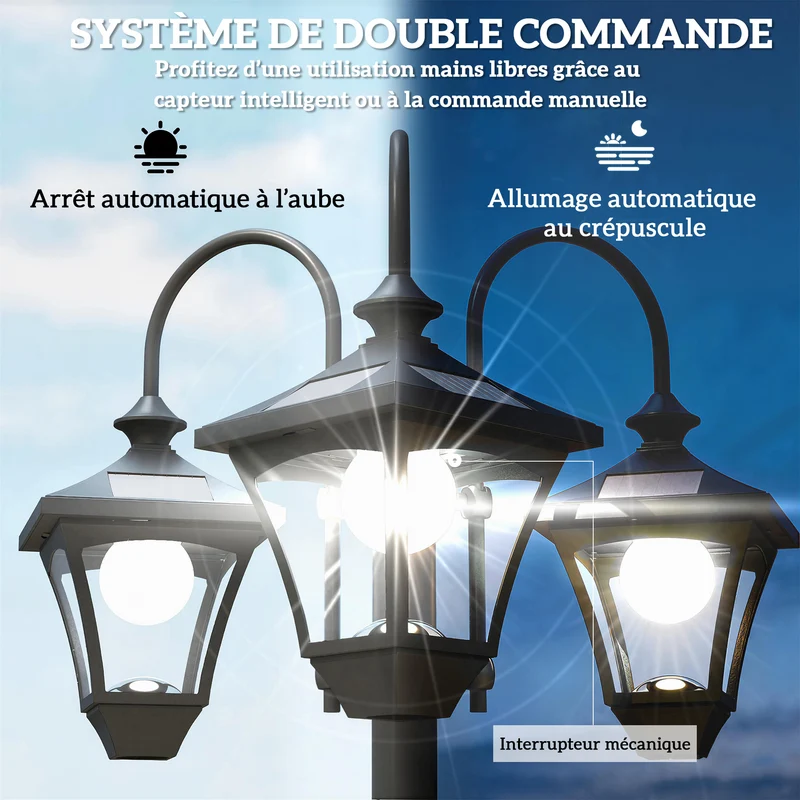 Lampadaire extérieur sur pied 52 x 52 x 185 cm solaire jardinière et capteur crépuscule épuré en acier inoxydable noir 21_0006999