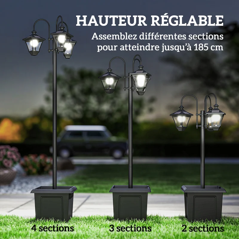 Lampadaire extérieur sur pied 52 x 52 x 185 cm solaire jardinière et capteur crépuscule épuré en acier inoxydable noir 21_0006999