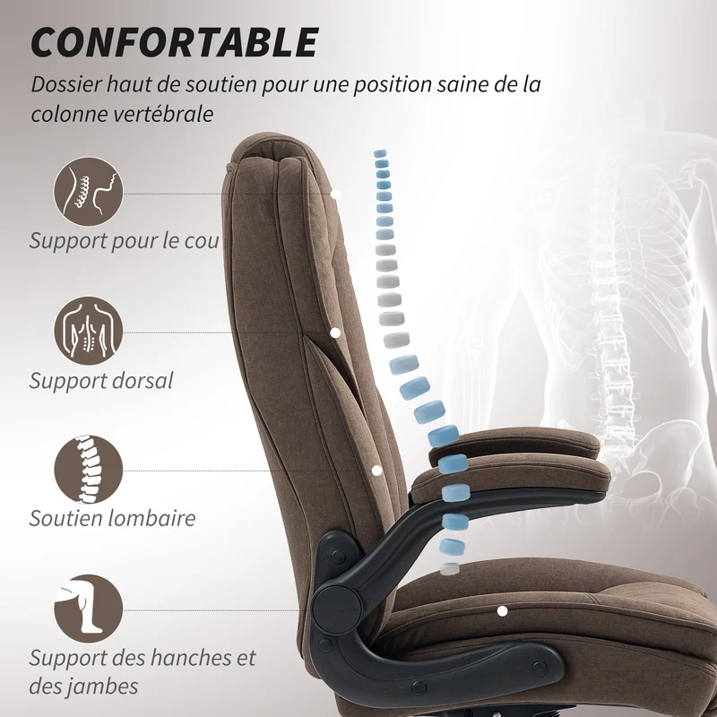 Fauteuil de bureau ergonomique 70 x 70 x 114-122 cm accoudoirs relevables hauteur réglable moderne en velours marron 21_0006286