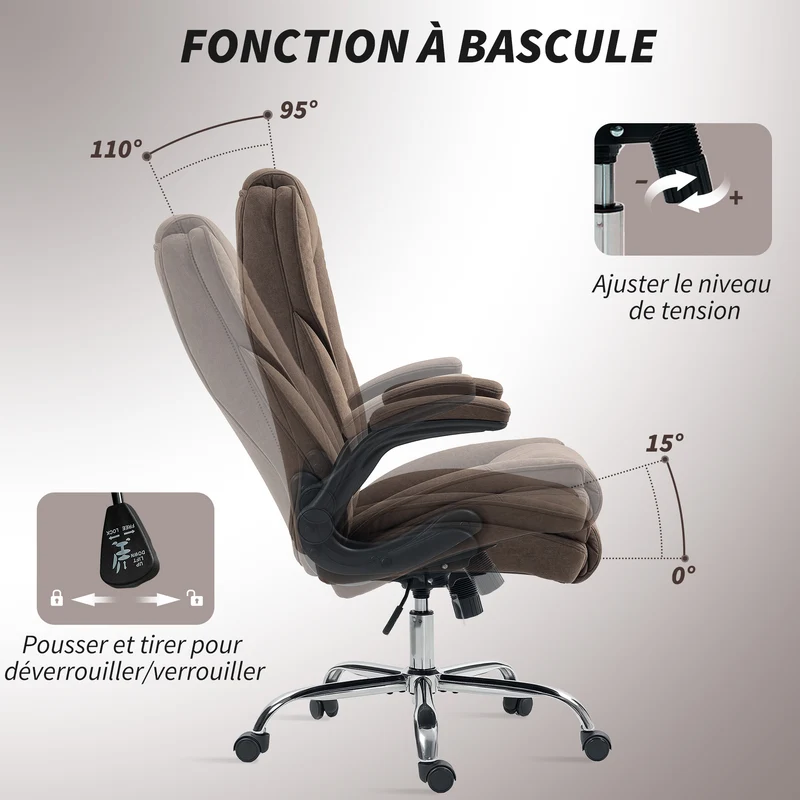 Fauteuil de bureau ergonomique 70 x 70 x 114-122 cm accoudoirs relevables hauteur réglable moderne en velours marron 21_0006286