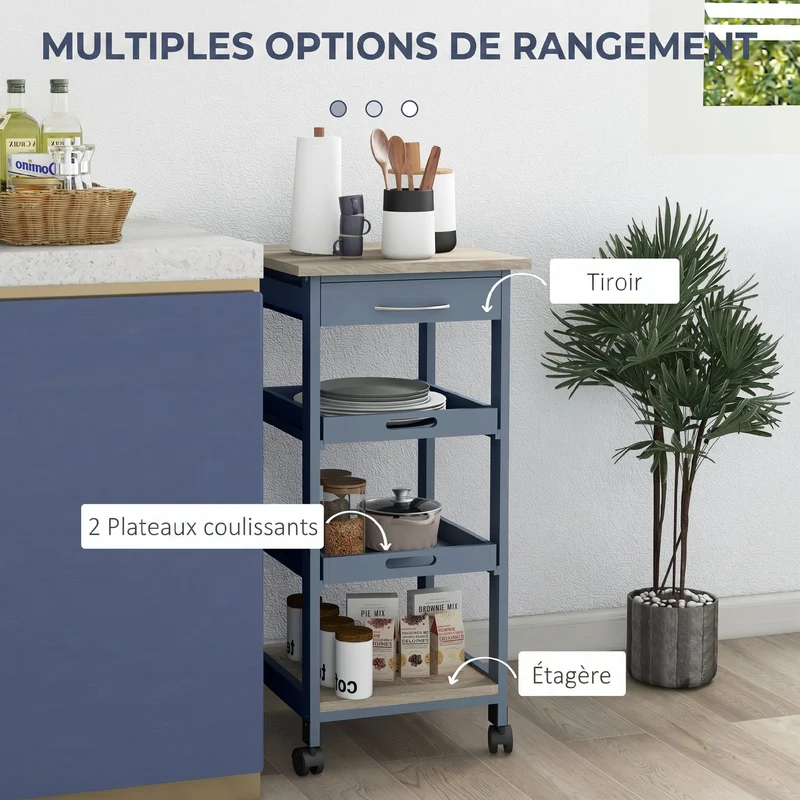 Chariot desserte cuisine 37 x 37 x 76 cm 2 plateaux amovibles tiroir étagère roulettes moderne mobilité 360° en MDF gris 21_0001001