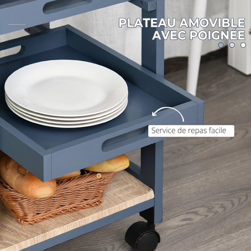 Chariot desserte cuisine 37 x 37 x 76 cm 2 plateaux amovibles tiroir étagère roulettes moderne mobilité 360° en MDF gris 21_0001001