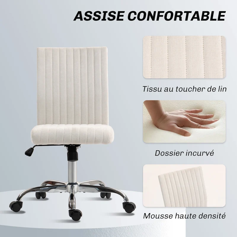 Chaise de bureau sans accoudoirs 43 x 56 x 89-99 cm hauteur réglable pivotant 360° moderne épuré en polyester crème 21_0006304