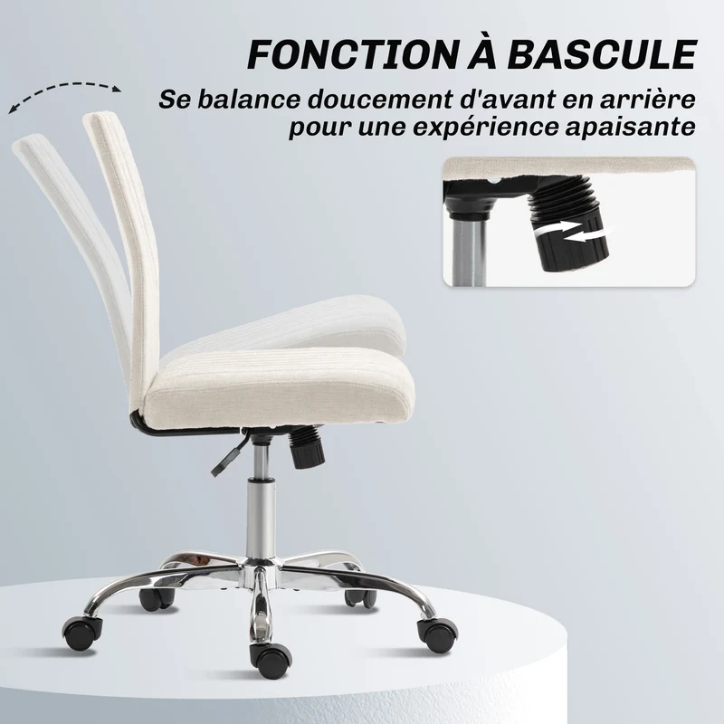 Chaise de bureau sans accoudoirs 43 x 56 x 89-99 cm hauteur réglable pivotant 360° moderne épuré en polyester crème 21_0006304