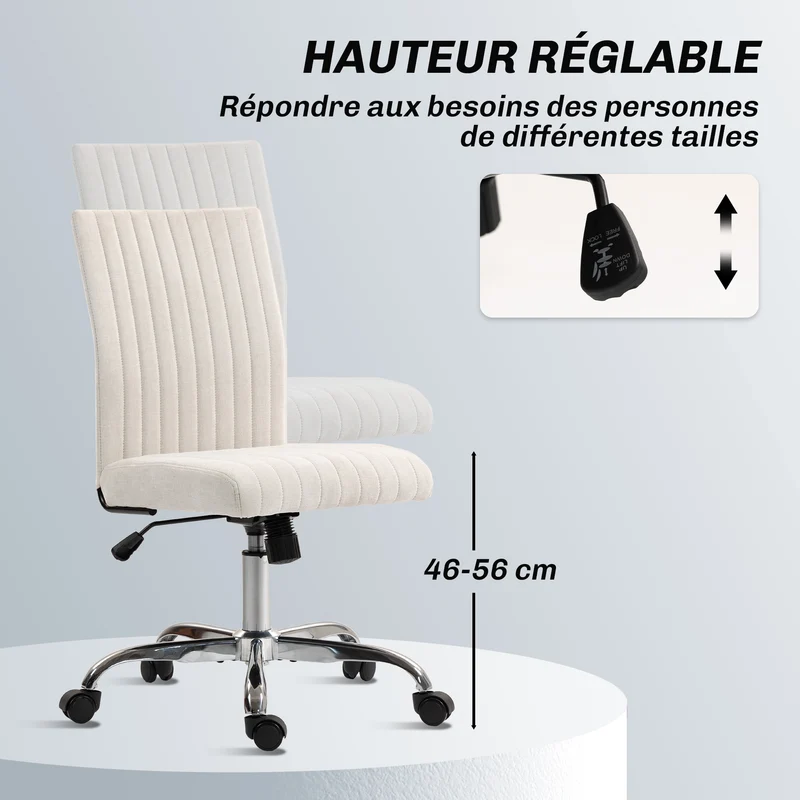 Chaise de bureau sans accoudoirs 43 x 56 x 89-99 cm hauteur réglable pivotant 360° moderne épuré en polyester crème 21_0006304