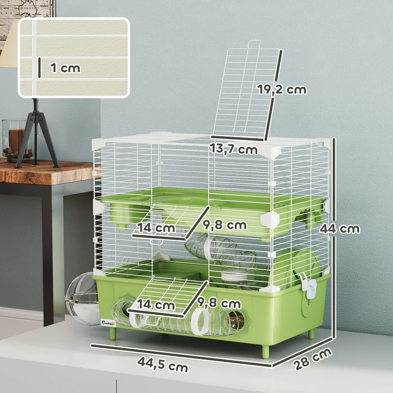 Cage pour hamster à deux niveaux 44,5 x 28 x 44 cm avec roue d'exercice et bain de sable moderne épuré en acier vert 21_0008006