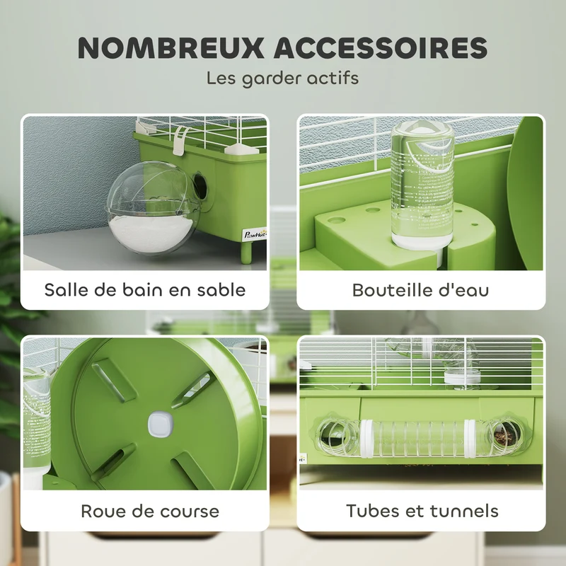 Cage pour hamster à deux niveaux 44,5 x 28 x 44 cm avec roue d'exercice et bain de sable moderne épuré en acier vert 21_0008006