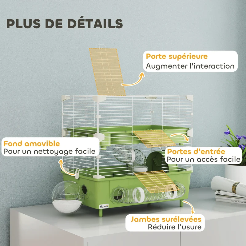 Cage pour hamster à deux niveaux 44,5 x 28 x 44 cm avec roue d'exercice et bain de sable moderne épuré en acier vert 21_0008006