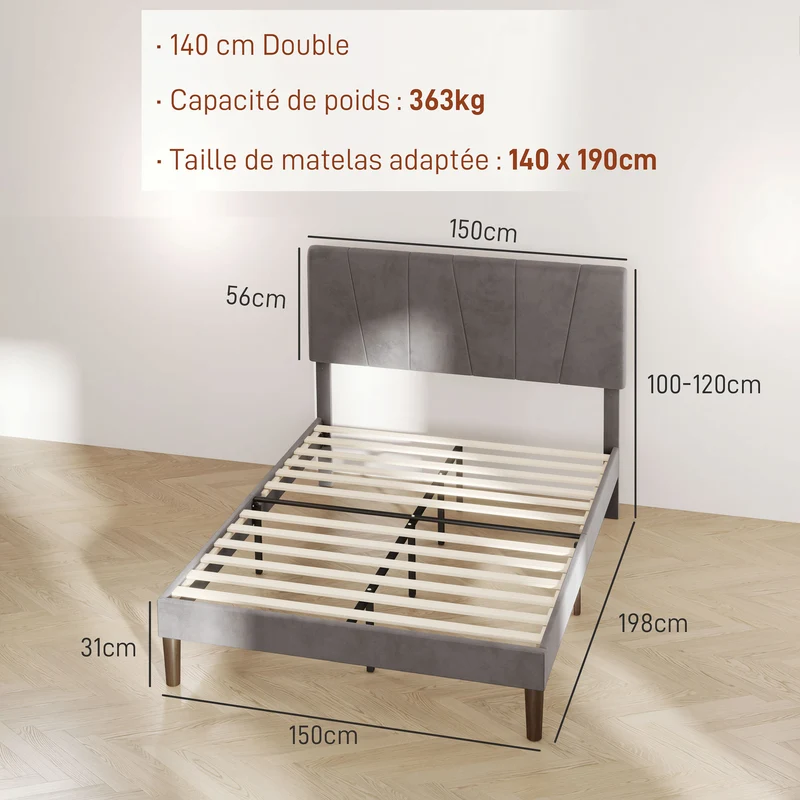 Cadre de lit double 140 x 190 cm tête réglable rembourrée 5 niveaux rangement sous lit scandinave en polyester gris 21_0001647