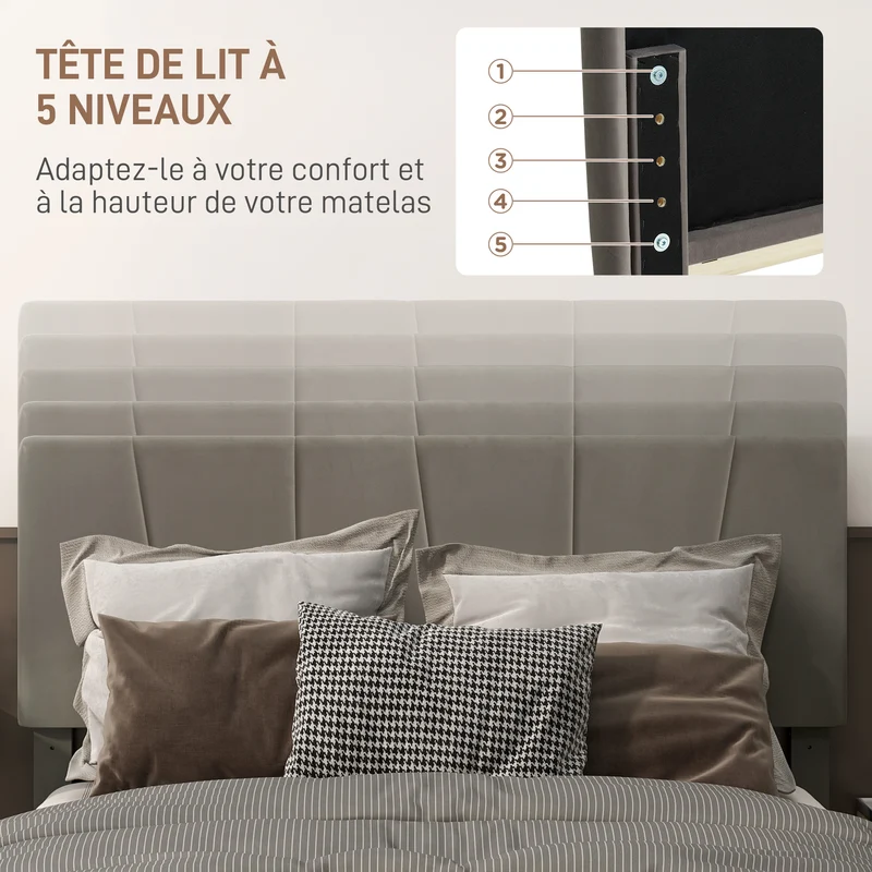 Cadre de lit double 140 x 190 cm tête réglable rembourrée 5 niveaux rangement sous lit scandinave en polyester gris 21_0001647