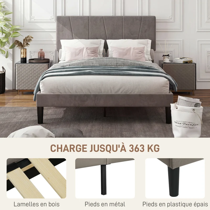 Cadre de lit double 140 x 190 cm tête réglable rembourrée 5 niveaux rangement sous lit scandinave en polyester gris 21_0001647