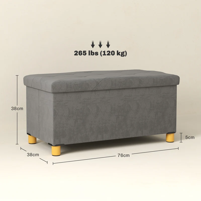 Banc de rangement bout de lit pliable 76 x 38 x 38 cm capacité 67 l assise capitonnée pratique moderne en velours gris 21_0002942