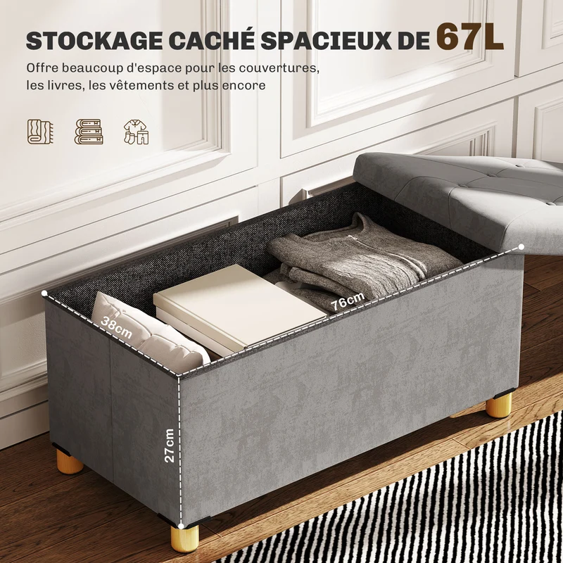 Banc de rangement bout de lit pliable 76 x 38 x 38 cm capacité 67 l assise capitonnée pratique moderne en velours gris 21_0002942
