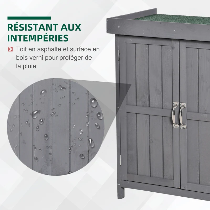 Armoire de jardin sur pied double porte 74 x 43 x 88 cm étagère et toit relevable bitumé pré-huilé épuré en bois gris 21_0004092