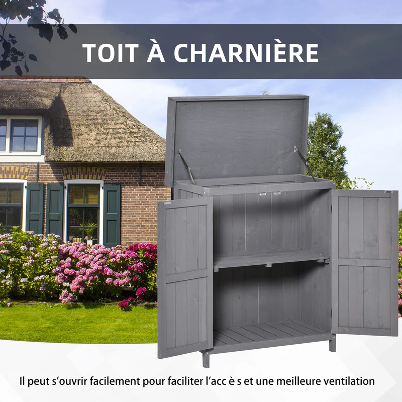 Armoire de jardin sur pied double porte 74 x 43 x 88 cm étagère et toit relevable bitumé pré-huilé épuré en bois gris 21_0004092