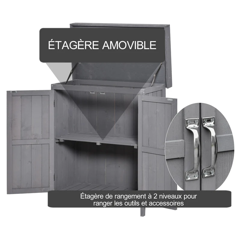 Armoire de jardin sur pied double porte 74 x 43 x 88 cm étagère et toit relevable bitumé pré-huilé épuré en bois gris 21_0004092
