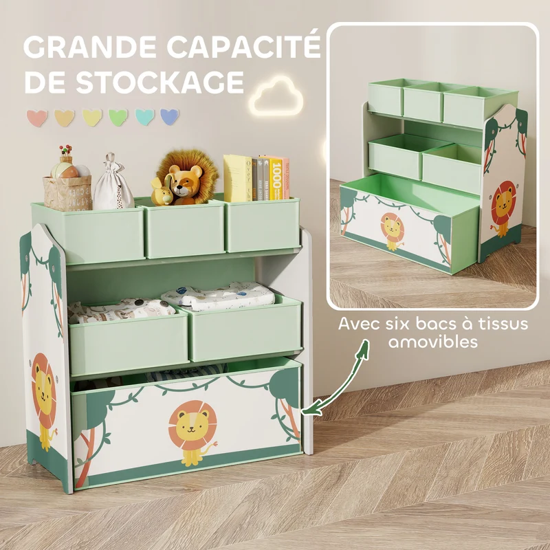 Étagère de rangement enfants 63 x 30 x 66 cm 6 boîtes amovibles gain de place coins arrondis contemporain en MDF vert 21_0000168